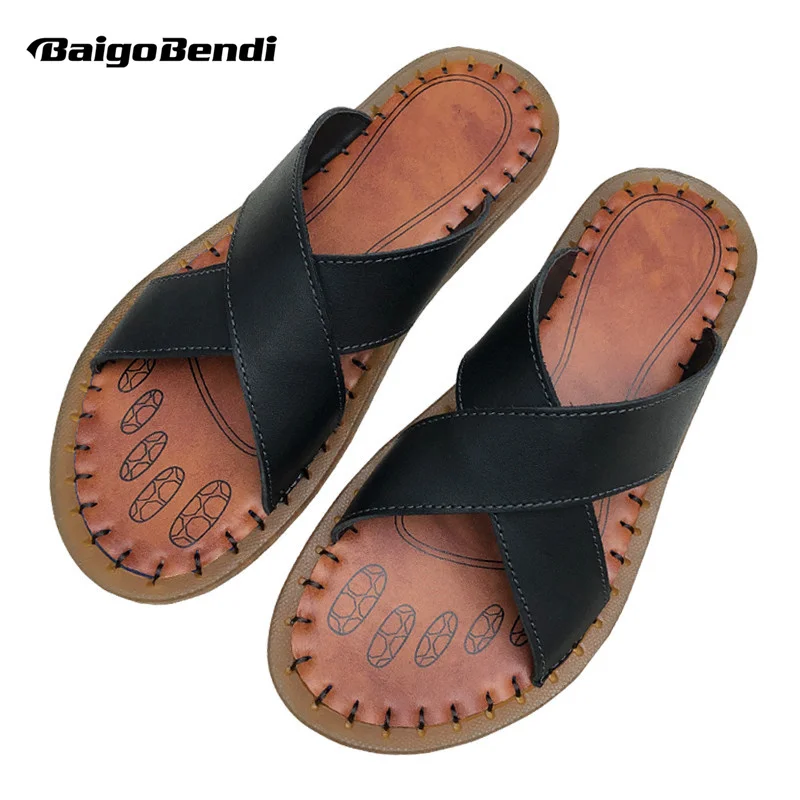 

Hot Sale Nonslip TPR Outsole Slides Shoes Men Genuine Leather Cross-tied Sandals Man Soft Outdoor Slippers