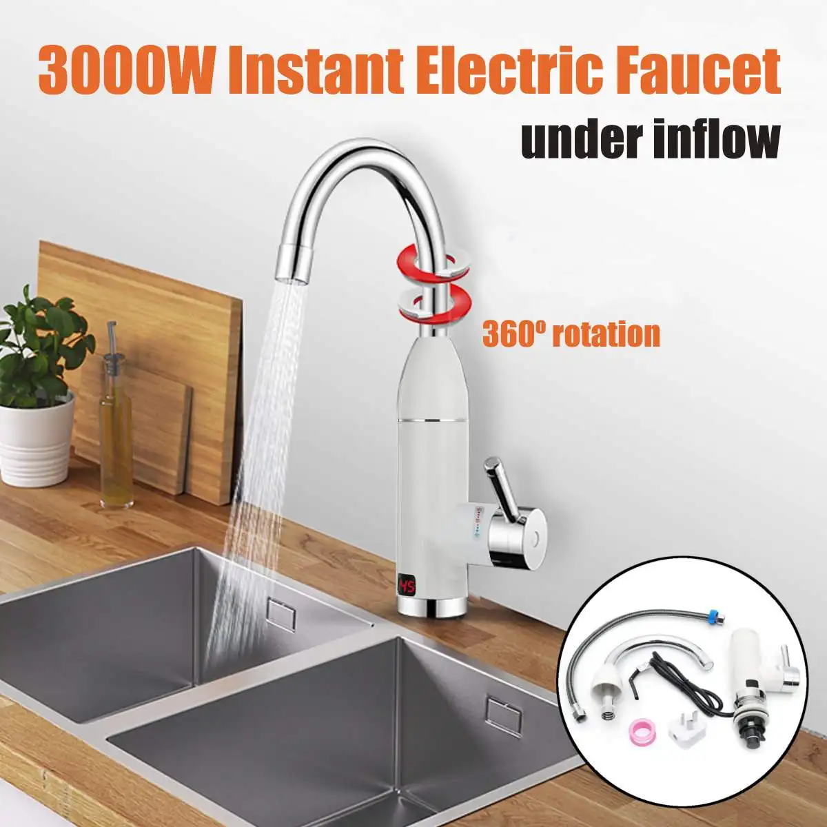 

3000W 220V Instant Electric Faucet Tap Hot Water Heater Under Inflow LED Display Bathroom Kitchen Home