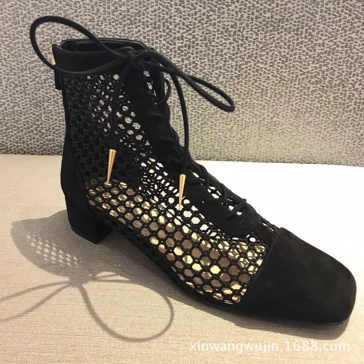 

2019 Boots. Genuine Leather Square Coarse With Single Boots Hollow Back Zipper Short Boots Woman