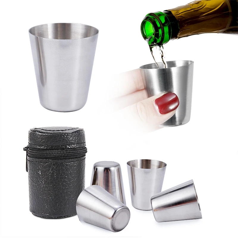 

Stainless Steel Shot Glass Cup Wine Drinking Glasses With Leather Cover Bag For Home Kitchen Bar