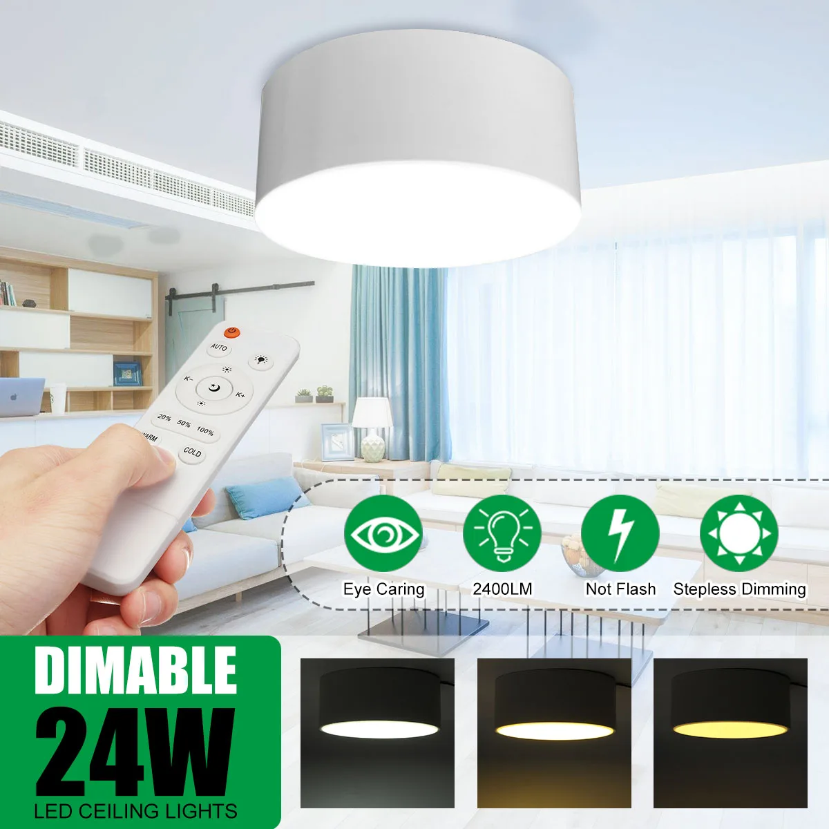 

Modern LED Ceiling Lamp with Remote Control Tri-color Stepless Dimming 24W 2400lm Round Indoor Home Office Ceiling Lamp 180-240V