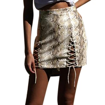 

2020 Fashion Sexy Women PU Mini Skirt Snake Skin Print Lace-Up Hollow Out Bandage High Waist Bodycon Skirt female Pencil Skirt
