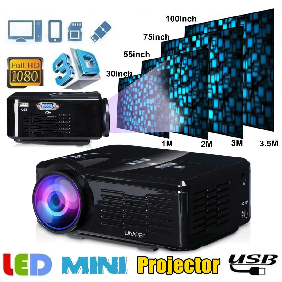 

projector U35 LED MINI projector USB / SD / VGA / HDMI / AV LED Portable HD Beamer for Home Cinema