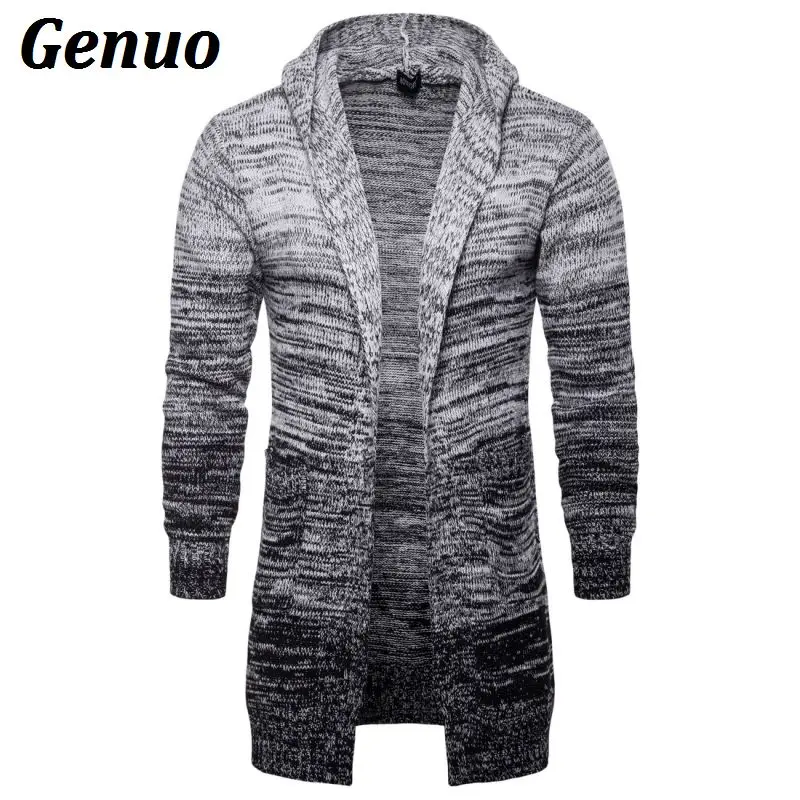 

Genuo Cardigans Gradient Grey Long Sweater Coat Tracksuit Male Casual Color Block Hooded Sweatshirt Tops pull homme hiver