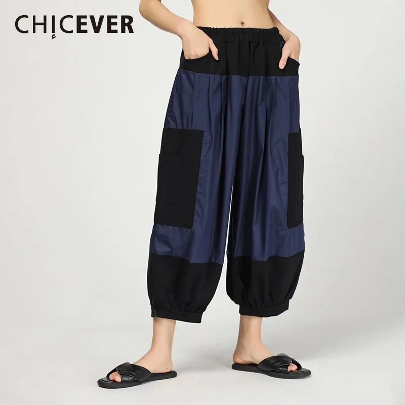 

CHICEVER Spring Vintage Patchwork Women Pants Elastic Mid Waist Loose Oversize Pockets Pleated Female Harem Pants 2019 Fashion