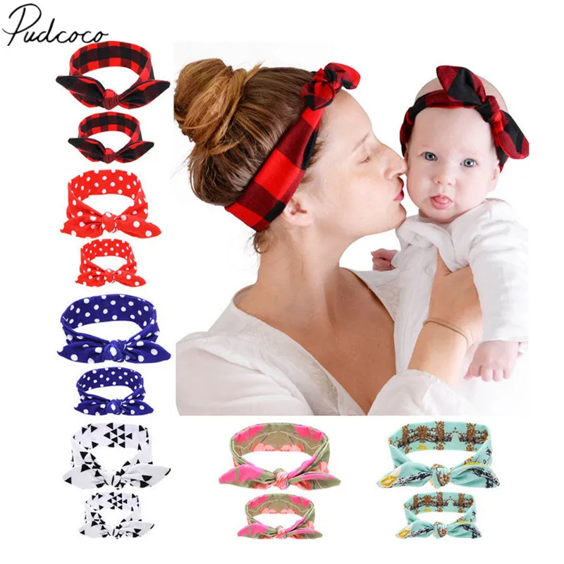 

2019 Brand New 2pcs Women Kids Baby Girl Elastic Knotted Turban Hair Band Headband Headwear Geometric Printing 2Pcs/Set Gifts