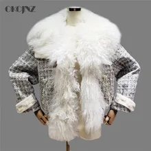 Тканое короткое Стеганое пальто с жемчужинами, зимняя куртка, Женская хлопковая верхняя одежда, воротник из настоящей шерсти, Толстая теплая элегантная верхняя одежда Okq114