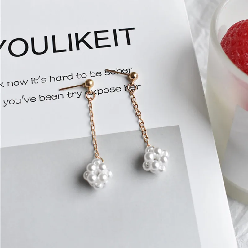 New Fashion Ins Korea Concise Exquisite Temperament Small Hand-twisted Pearl Ball Tassels Long Drop Earrings For Women Jewelry | Украшения