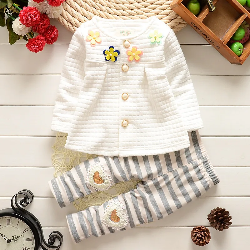 Spring Autumn Baby Grils Clothes Children Cotton Flower Jacket Stripe Pants 2Pcs/Sets Fashion Newborn Clothing Toddler Tracksuit