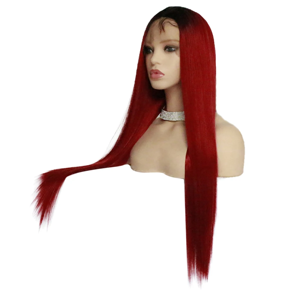 26 inch Natural Looking Synthetic Lace Front Wigs Resistant Full Wig Long Straight Hair for Women Cosplay Wine Red 26 inch Natural Looking Synthetic Lace Front Wigs Resistant Full Wig Long Straight Hair for Women Cosplay Wine Red