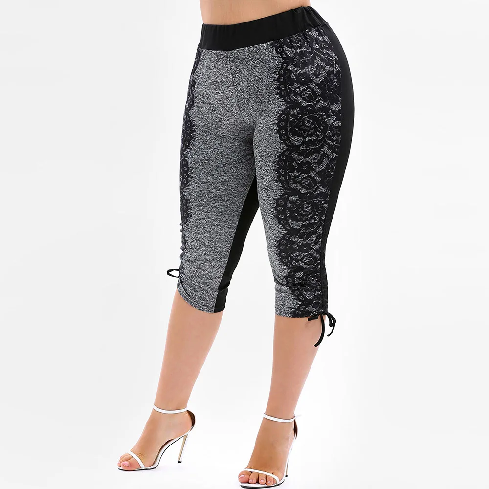 

Rosegal Plus Size 3D Lace Print Drawstring Capri Leggings Elastic High Waist Women Summer Skinny Fitness Leggings Pants Trousers