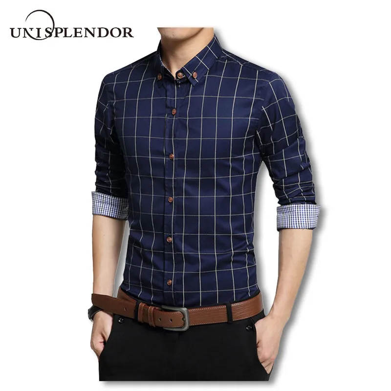 Slim Fit Male Shirt Fashion Mens Business Patchwork Button Casual Plaid Navy