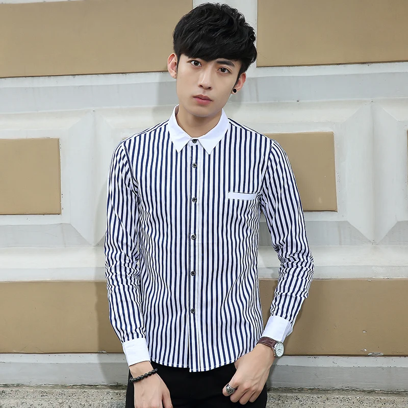 Autumn Long Sleeve Striped Shirt mens Business Casual Shirt Men Size S