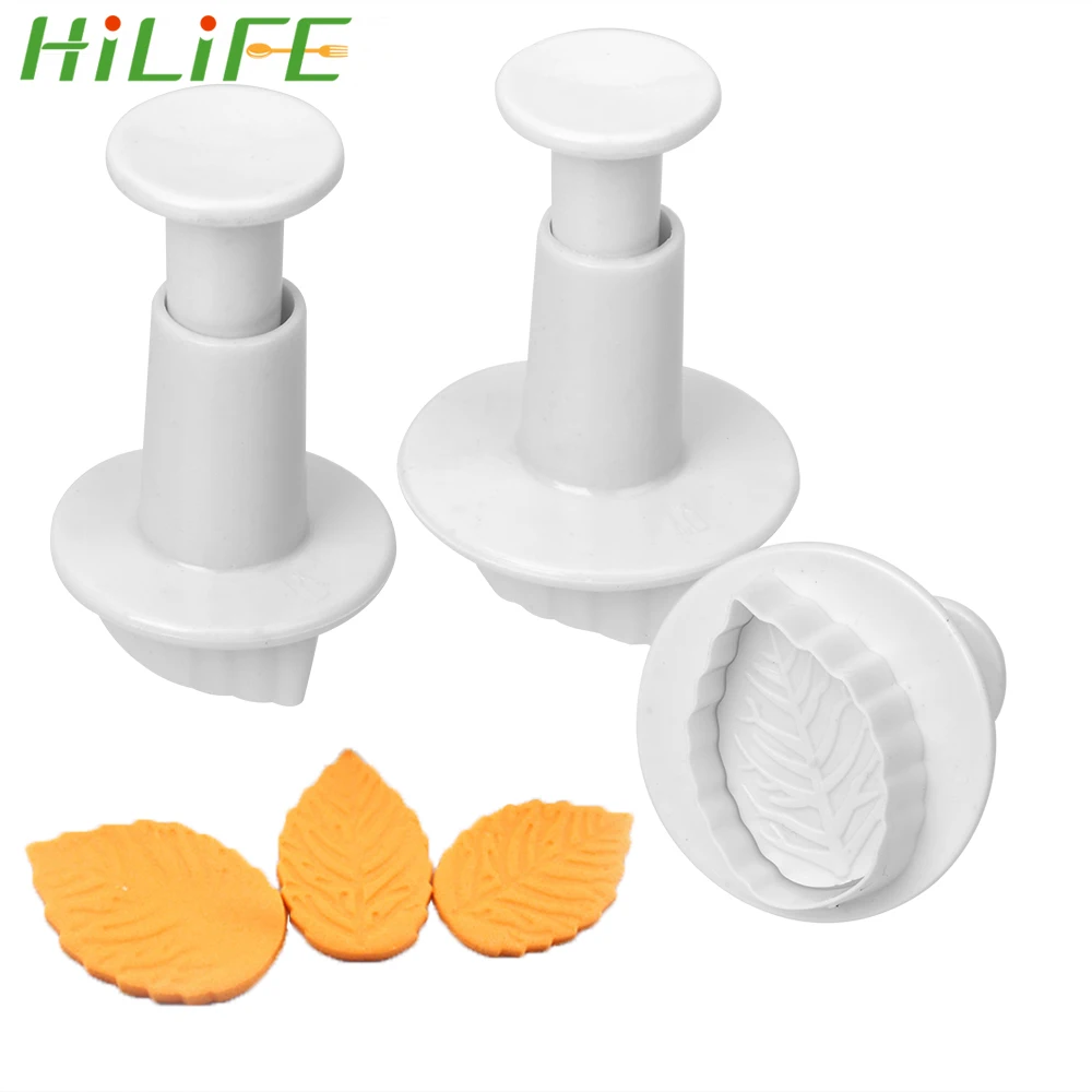 

HILIFE 3Pcs/set Cake Mould Fondant Pastry Cutter Cake DIY Decorating Tools Chocolate Cookie Candy Plunger Mold Rose leaves