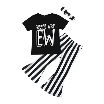 

3PCS Girls Clothing Set Short Sleeve Cotton T-shirt Tops Striped Flared Pant Bell Bottom Headband Outfits Summer Clothes