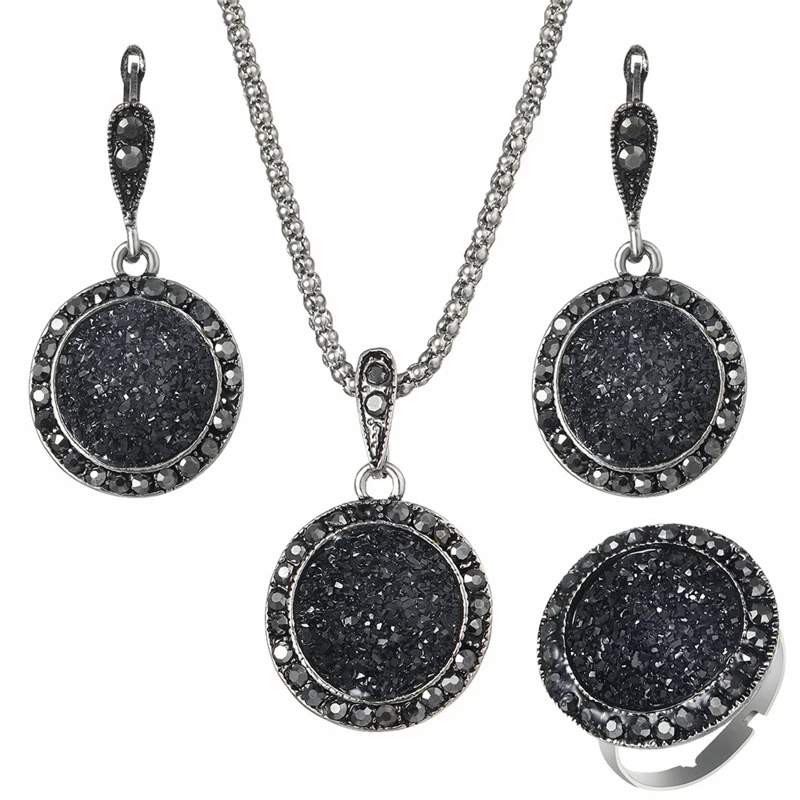 

Vintage Black Gem Jewelry Set Fashion Women Jewelry Set Antique Silver Crystal Round Stone Pendant Necklace Sets 3Pc