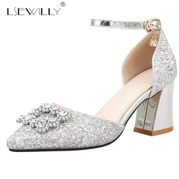

Lsewilly New Women High Heels Sexy Fashion Female Pumps Square Heel Spring Sequins Cloth Women Wedding Shoes Size 33-43 E657