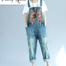 Женский джинсовый комбинезон размера плюс с боковым карманом, свободный крой, с принтом, джинсовые комбинезоны и ромперы для женщин