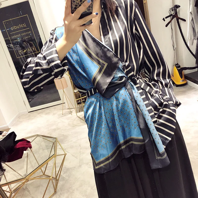 

DEAT 2019 new spring and summer fashion women clothes turn-down collar striped patchwork shirt female scarf spliced WE92605L