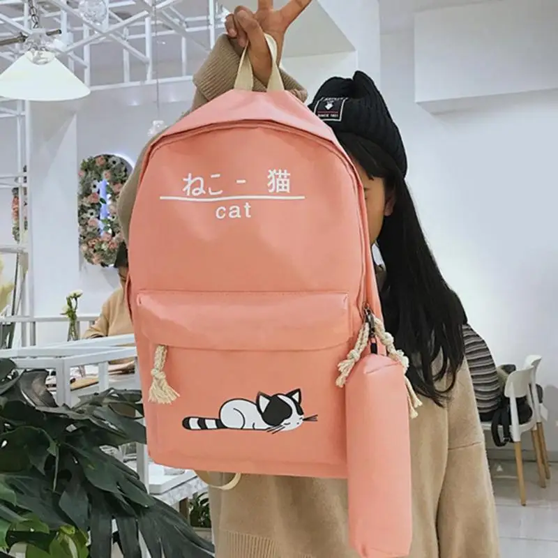 

5pcs/set Women Backpack Cat Printing Canvas School Bags For Teenager Girl Boy Preppy Style Rucksack Cute Book Bag Shoulder