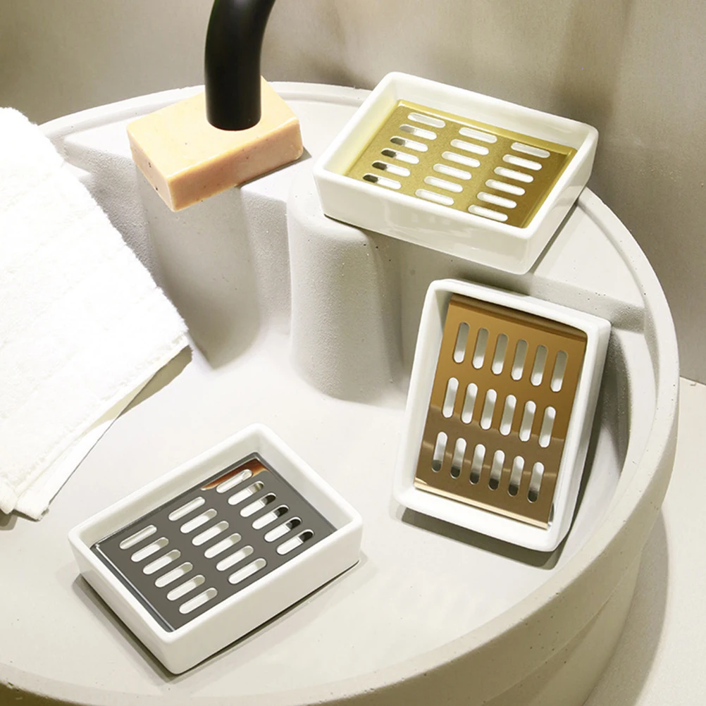 

1pc Ceramic Soap Dish Stainless Steel Double Layer Soap Box Tray Saver Holder Drainer Case for Bathroom