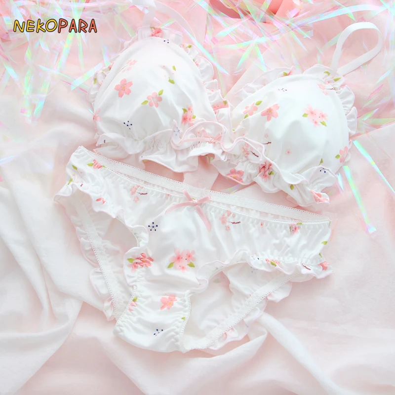 

Pink Sakura Cute Japanese Bra & Panties Set Wirefree Soft Underwear Sleep Intimates Set Kawaii Lolita Color White