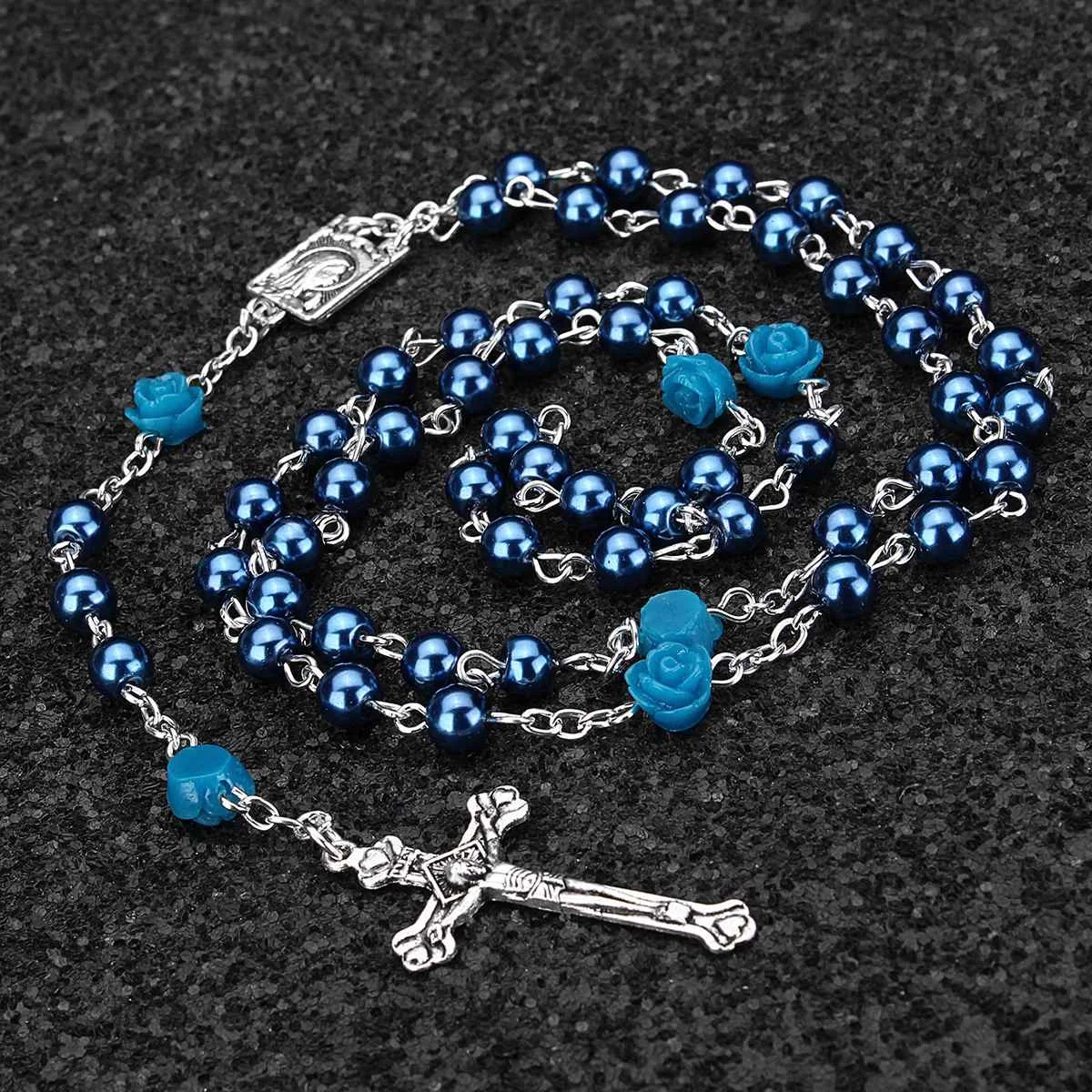 

Blue/White/Purple Necklace Woman Man Holy Jesus Imitation Pearl Bead Necklace Silver Drop Rosaries Cross Virgin Mary Center