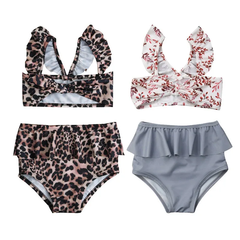 

2019 Bikini set Newborn kids Cute Print leopard floral 2pcs bathing holiday Tankinis Summer Ruffles bandage High waist Swimsuits