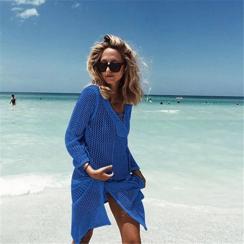 

Women Solid Color Knitting Mesh Beach Wear Sexy Hollow Out Cover Up Bikinis Lacing Bandage Beach Dress Tunic Ropa De Playa Mujer