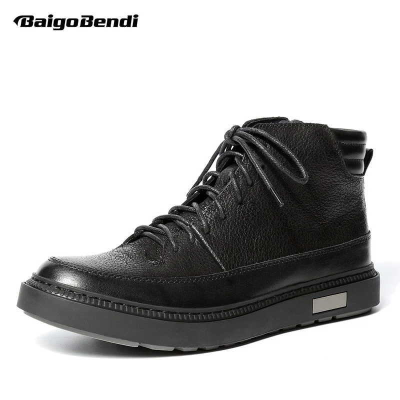 Men Genuine Leather Winter Boots Lace Up Black Ridding Boots Boys Students Casual Ankle Boots Fashion Sneakers Shoes