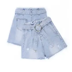 2019 летние Высокая талия женские джинсовые шорты Винтаж однотонные ленты широкие брюки Джинсовые шорты Повседневные свободные штаны
