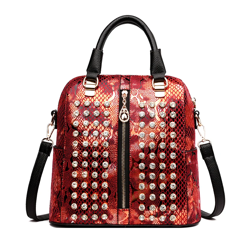 

Women PU Leather Backpacks High Quality Designer Fashion Serpentine Diamonds Teenager For Girl Multifunction Lady Shoulder Bag