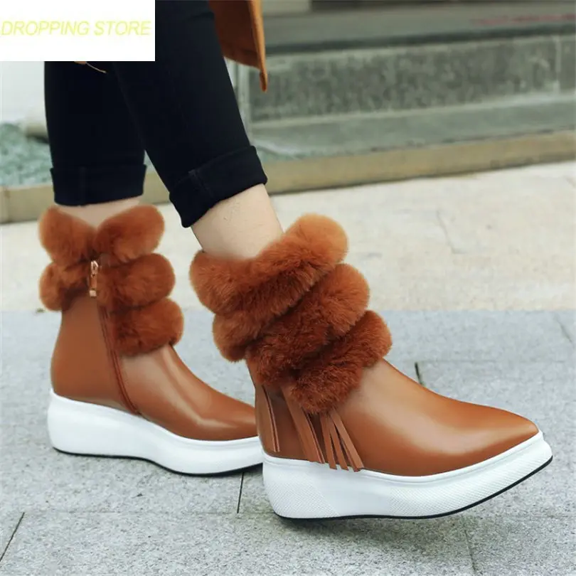 

Women Shoes Cow Leather High Heel Riding Boots Pointed Toe Wedges Platform Pumps Winter Warm Rabbit Fur Sneakers