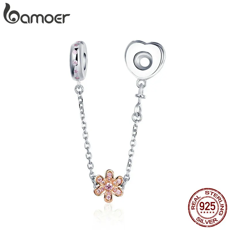 BAMOER Genuine 925 Sterling Silver Love Heart & Flower Safety Chain Stopper Charms fit Pendants Necklaces DIY Jewelry SCC1113 BAMOER Genuine 925 Sterling Silver Love Heart & Flower Safety Chain Stopper Charms fit Pendants Necklaces DIY Jewelry SCC1113
