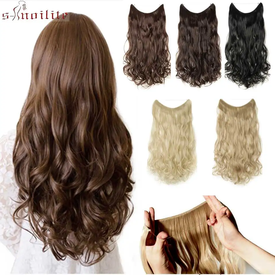 Snoilite 24 Long Curly Fish Line Hair Wire Hair Extensions For