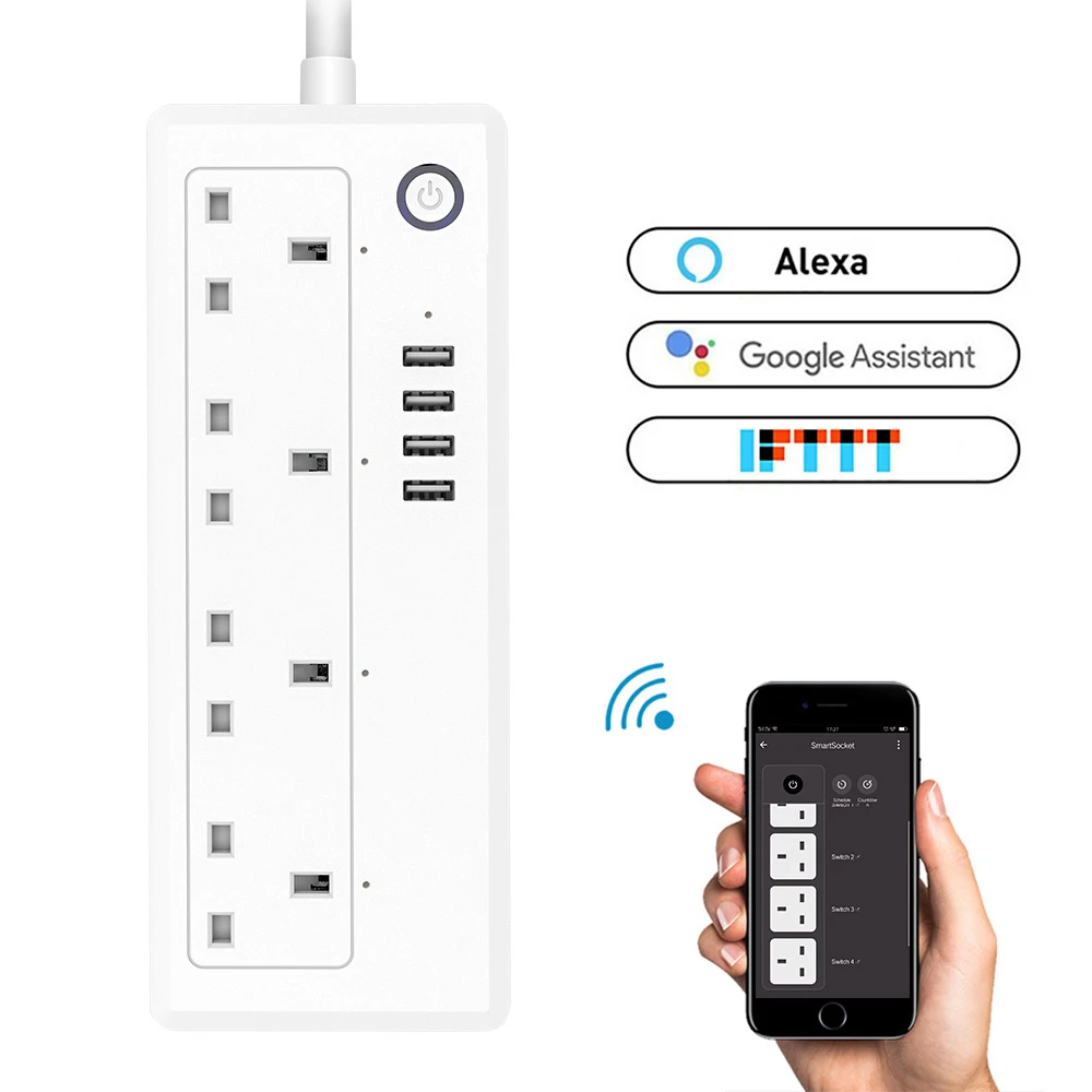 

WiFi Smart Power Strip Socket Voice Control Timer Switch Power Strip Outlet with 4 AC Outlets 4 USB Port for Alexa Google Home
