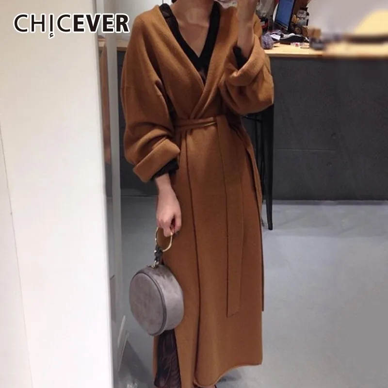 CHICEVER Autumn Winter Knitting Female Cardigan V Neck Long Sleeve High Waist Lace Up Hem Split Loose Sweater Korean Fashion New |