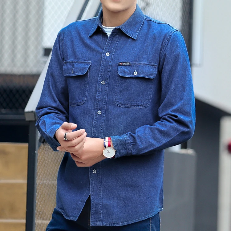 4718 демисезонный джинсовая рубашка мужская с длинным рукавом синий солнцезащитный крем рабочая одежда плюс размеры 4XL высокое качество Модная хлопковая рубашк