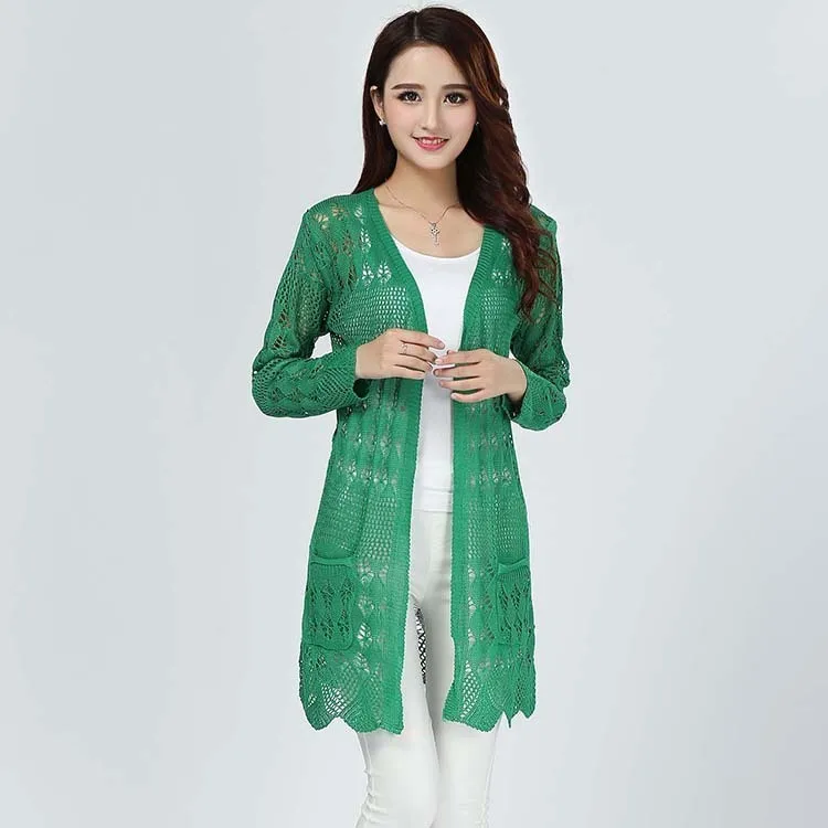 

2019 Spring New Women Long Sleeve Knitting Cardigans Sweater Jacket Fashion Floral Hollow Out Candy Colors Pockets Long Sweaters