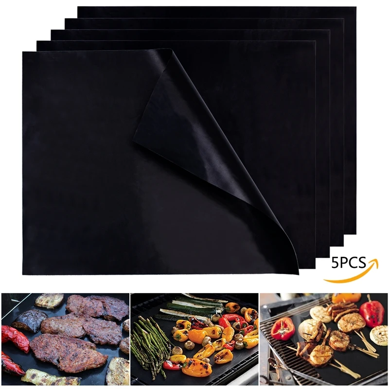 

5Pcs PTFE Non-stick BBQ Grill Mat Microwave Oven Baking Liners Heat Resistant Reusable Cooking Sheets Tools 33*40cm Black