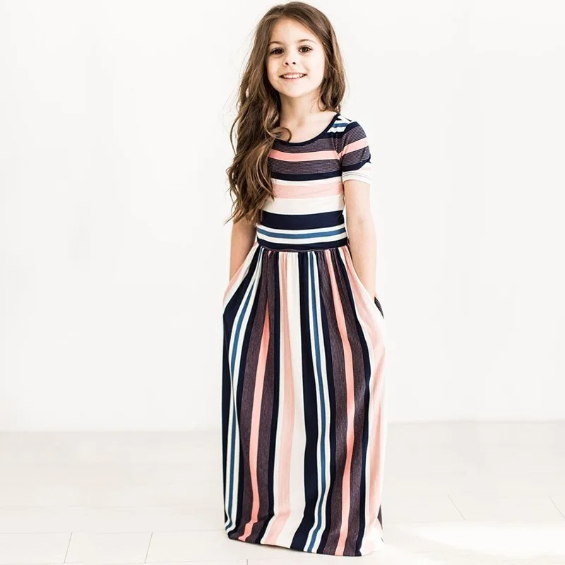 

Girls Long Dress 2019 Summer Bohemian Short Sleeve Striped Birthday Party Maxi Dresses Kids Beach Wear Clothes 1-10 Years