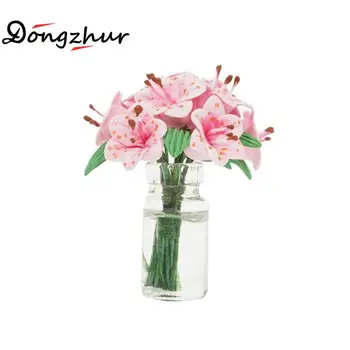

Dongzhur Doll House Toy Mini Flower Pink Lily Glass Bottle Flower Arrangement Dollhouse Furniture Miniatures 1:12 Accessories