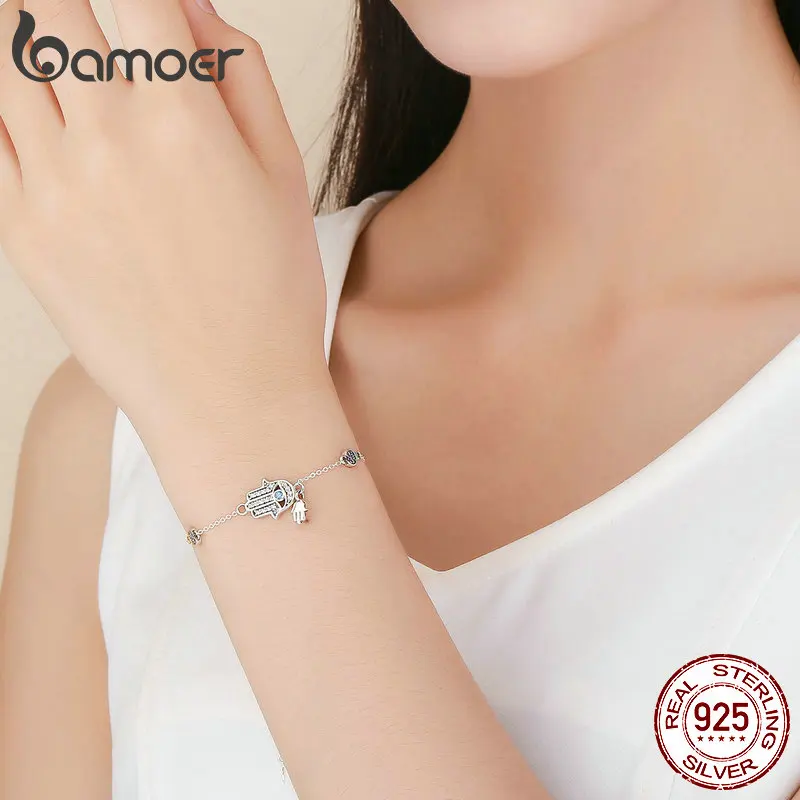BAMOER подлинный 925 пробы серебряный браслет рука Фатимы звено цепи браслеты для женщин застежка Омар классический браслет ювелирные изделия SCB079