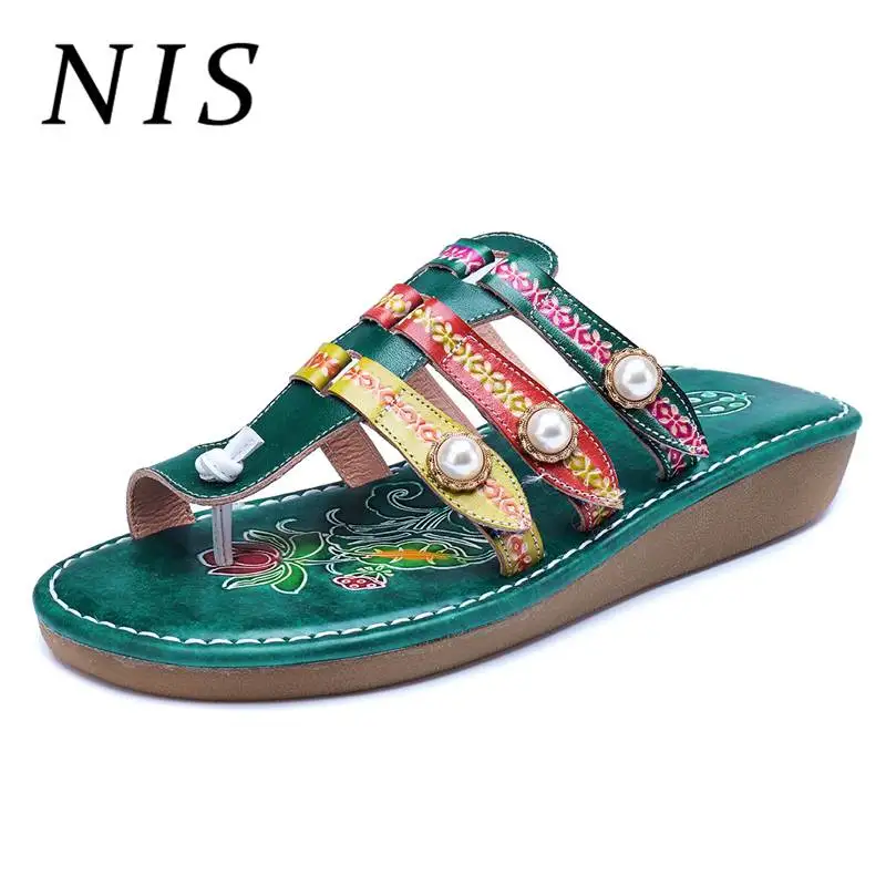 

NIS Bohemian PU Leather Flip Flops Women Slides Slippers Retro Printed Striped Clip Toe Slippers Summer Beach Shoes Woman New