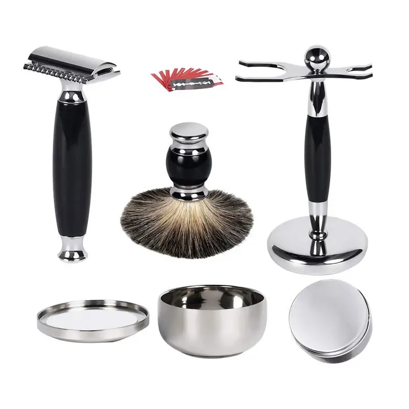 

Luxury Grooming Shaving Set Double-sided Razor Allergy Shaving Stainless Steel Mirror Bowl Hair Shaving 10 Replacement Blades
