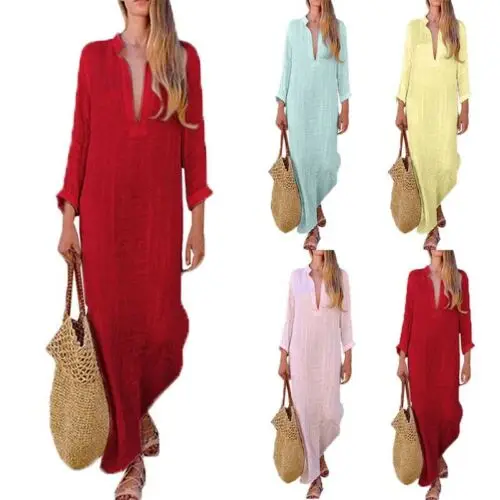 

2019 Summer Womens Loose Long Sleeve Linen Dress Kaftan Soild Long Maxi Dresses