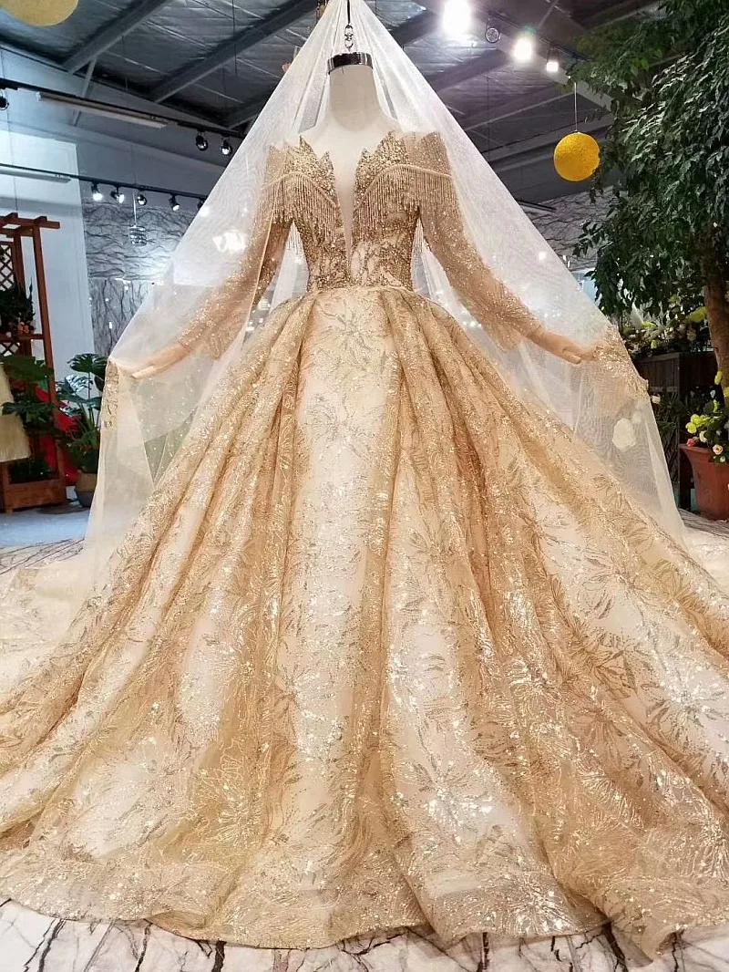 Женское свадебное платье SSYFashion роскошное золотистое с длинными рукавами и