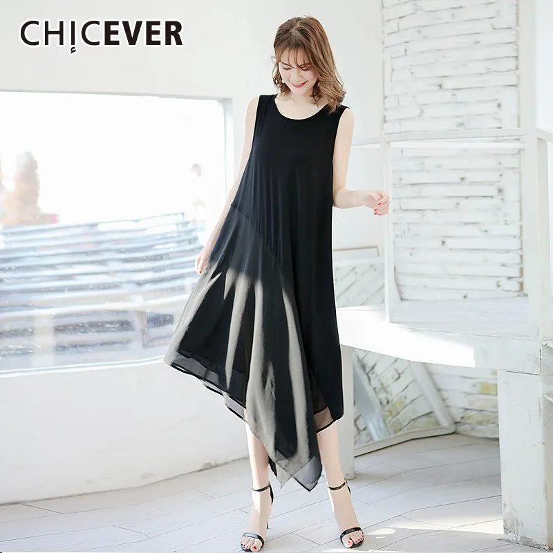 

CHICEVER Summer Solid Chiffon Asymmetrical Hem Balck Women Dress O Neck Sleeveless Tank Loose Big Size A-line Dresses 2019 New