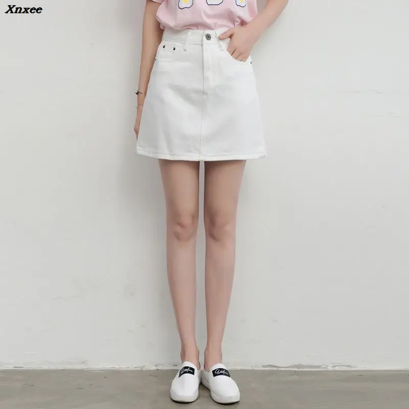 Летняя модная юбка с высокой талией, женская джинсовая юбка с карманами на пуговицах, женские юбки, новинка 2018, универсальная Повседневная джинсовая юбка Xnxee