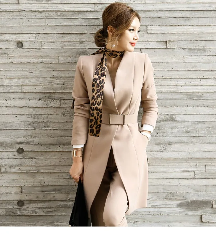 Spring Autumn Pant Suits Casual Office Lady Work Korean Uniform Long Blazer Jacket Suits Elegant V-Neck Long Jacket Pants Suits